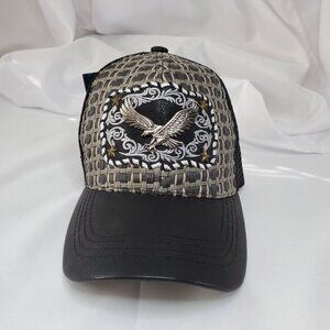 Eagle Embroidered Trucker Cap Woven Design & Mesh Back Gray/Black USA Headwear